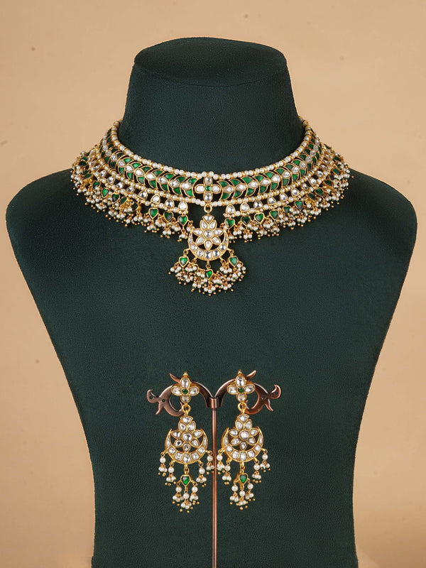 MS2104WGR - Green Color Gold Plated Jadau Kundan Necklace Set