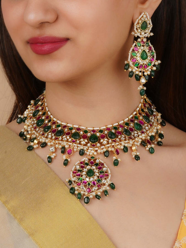 MS2114M - Multicolor Gold Plated Jadau Kundan Necklace Set