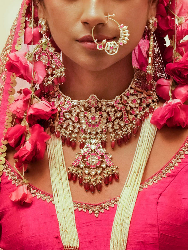 Pink Color Gold Plated Jadau Kundan Bridal Necklace Set - MS2116WP