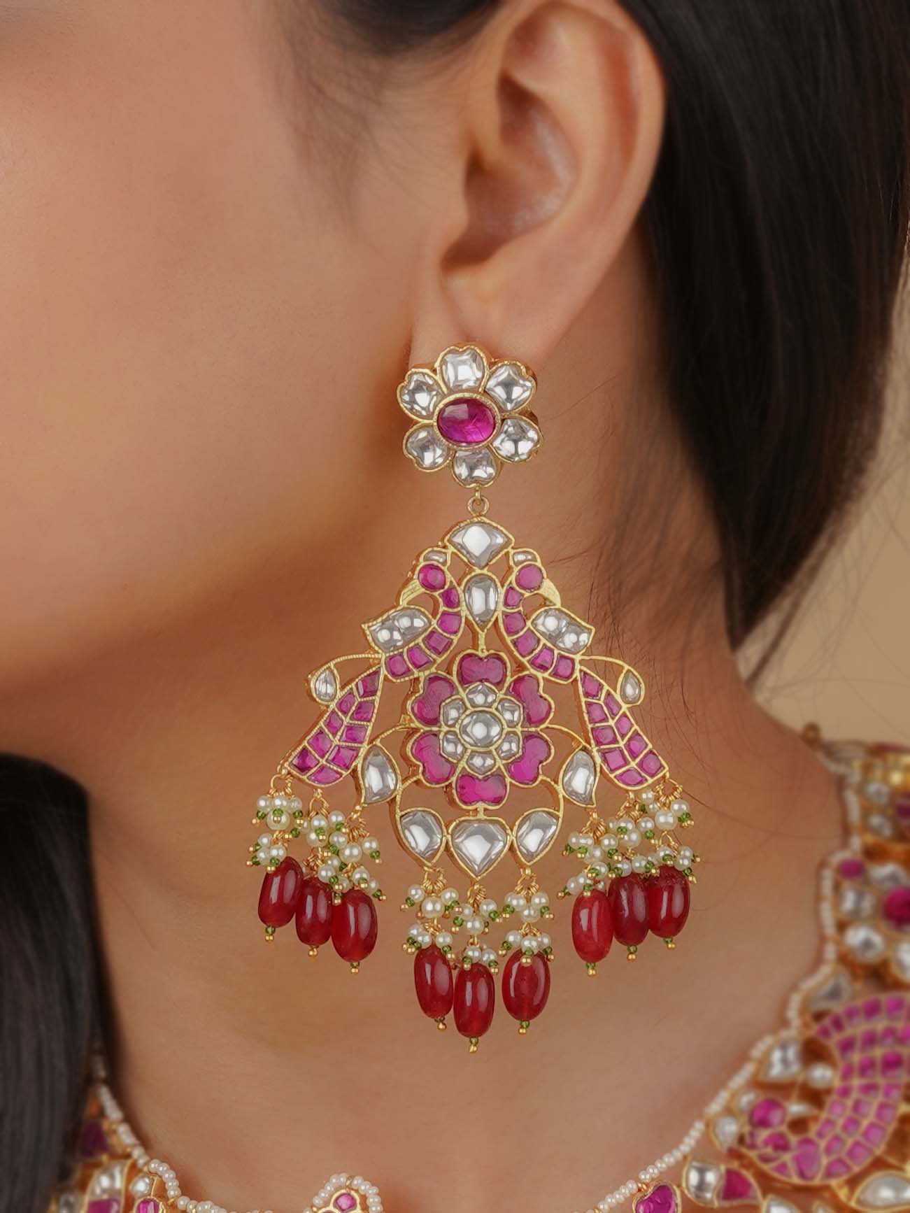MS2116WP - Pink Color Gold Plated Jadau Kundan Bridal Necklace Set