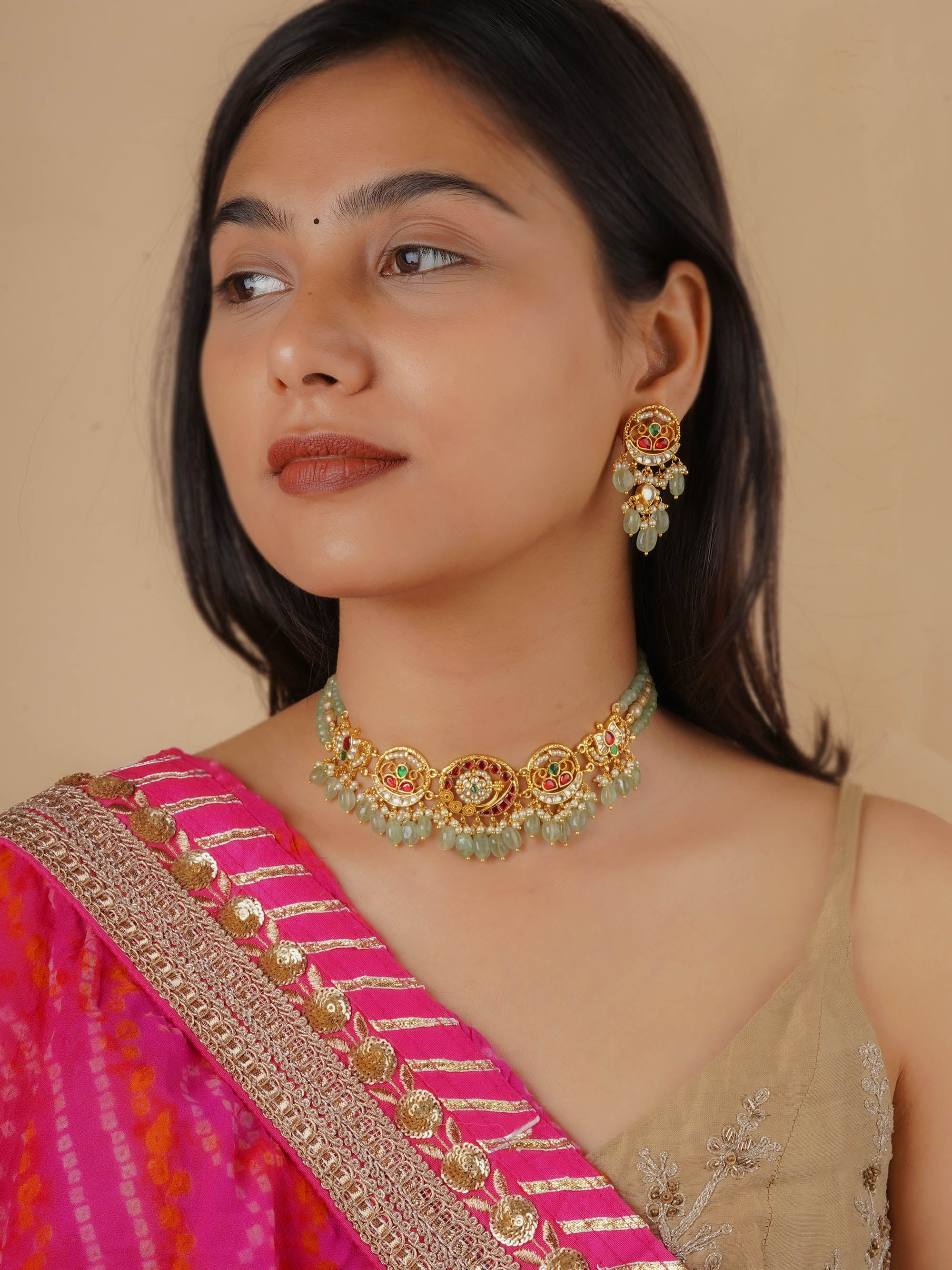 MS2118M - Multicolor Gold Plated Jadau Kundan Necklace Set