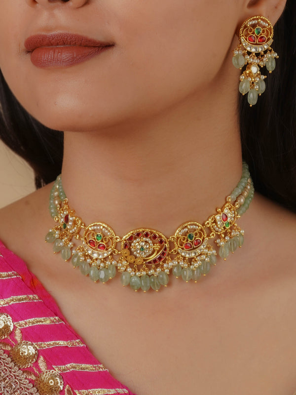 MS2118M - Multicolor Gold Plated Jadau Kundan Necklace Set