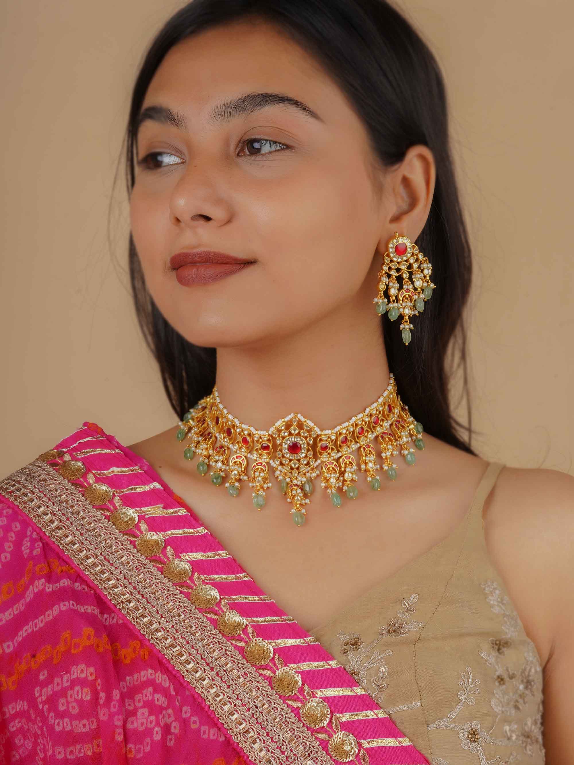 MS2119YR - Red Color Gold Plated Jadau Kundan Necklace Set