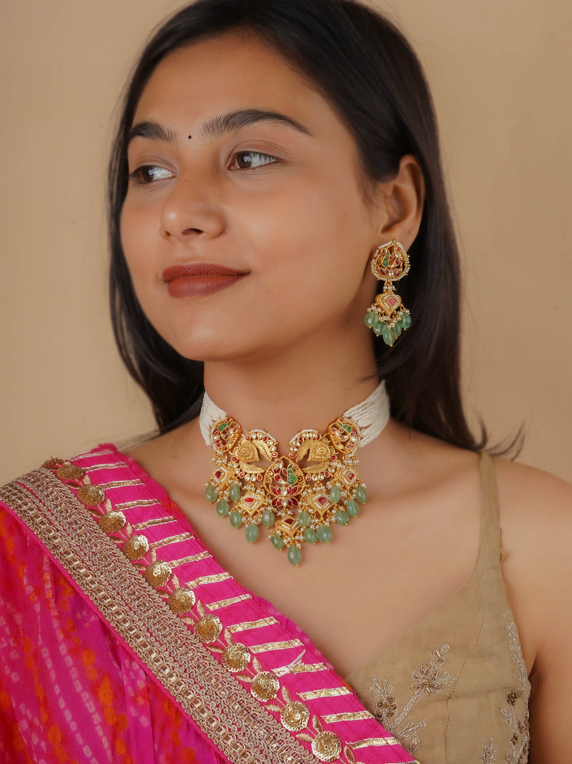 MS2120M - Multicolor Gold Plated Jadau Kundan Necklace Set
