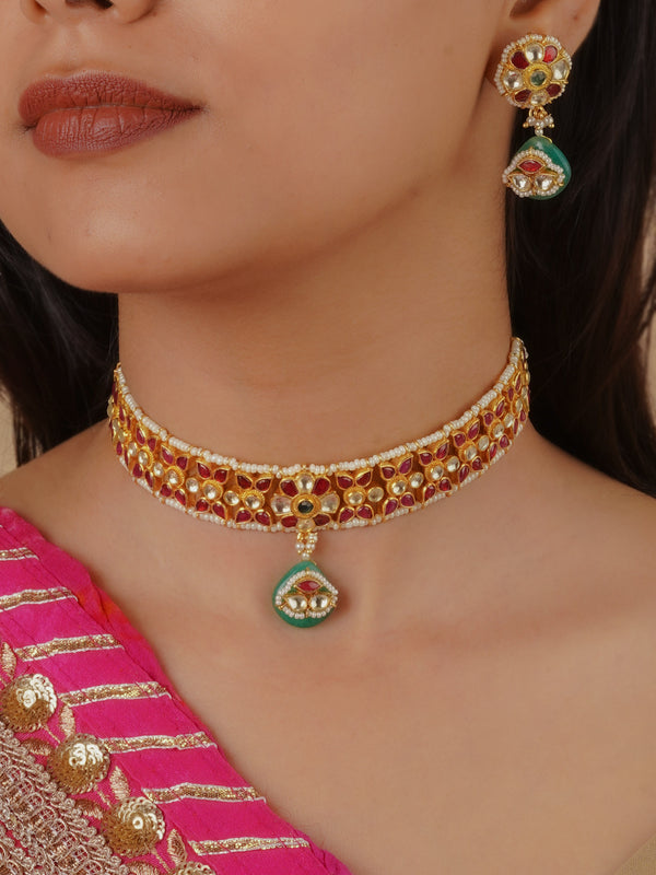 MS2121M - Multicolor Gold Plated Jadau Kundan Necklace Set