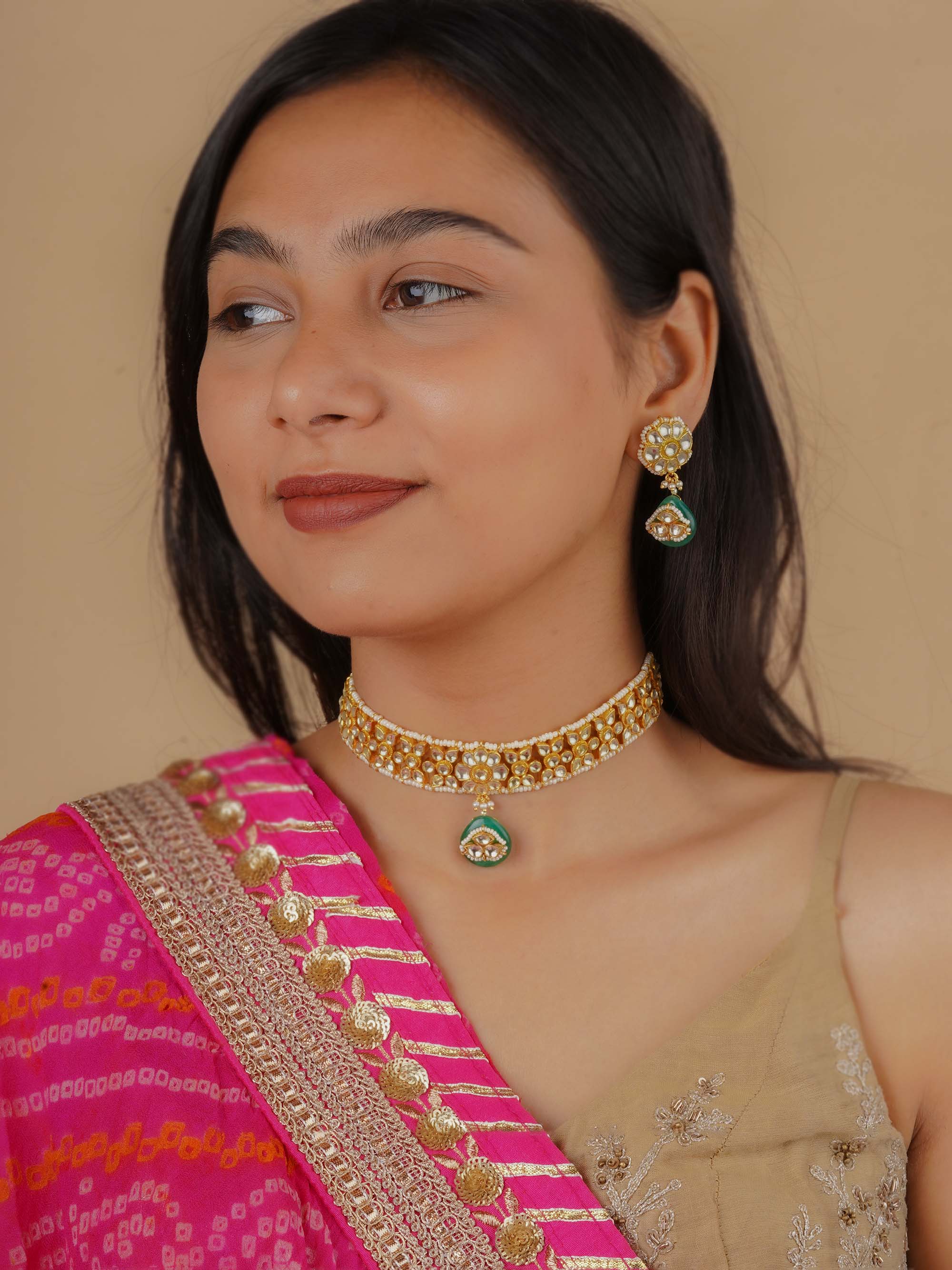 MS2121Y - Green Color Gold Plated Jadau Kundan Necklace Set