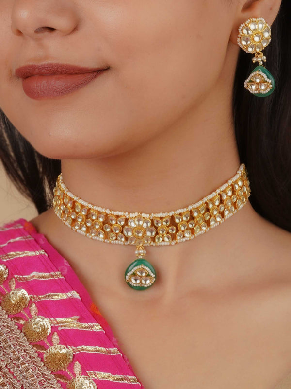 MS2121Y - Green Color Gold Plated Jadau Kundan Necklace Set