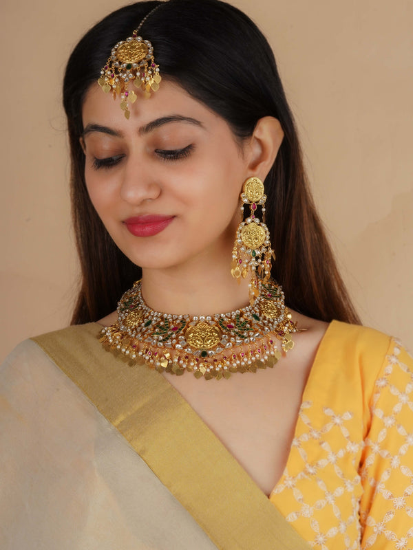 MS2123M - Mulitcolor Gold Plated Jadau Kundan Bridal Necklace Set