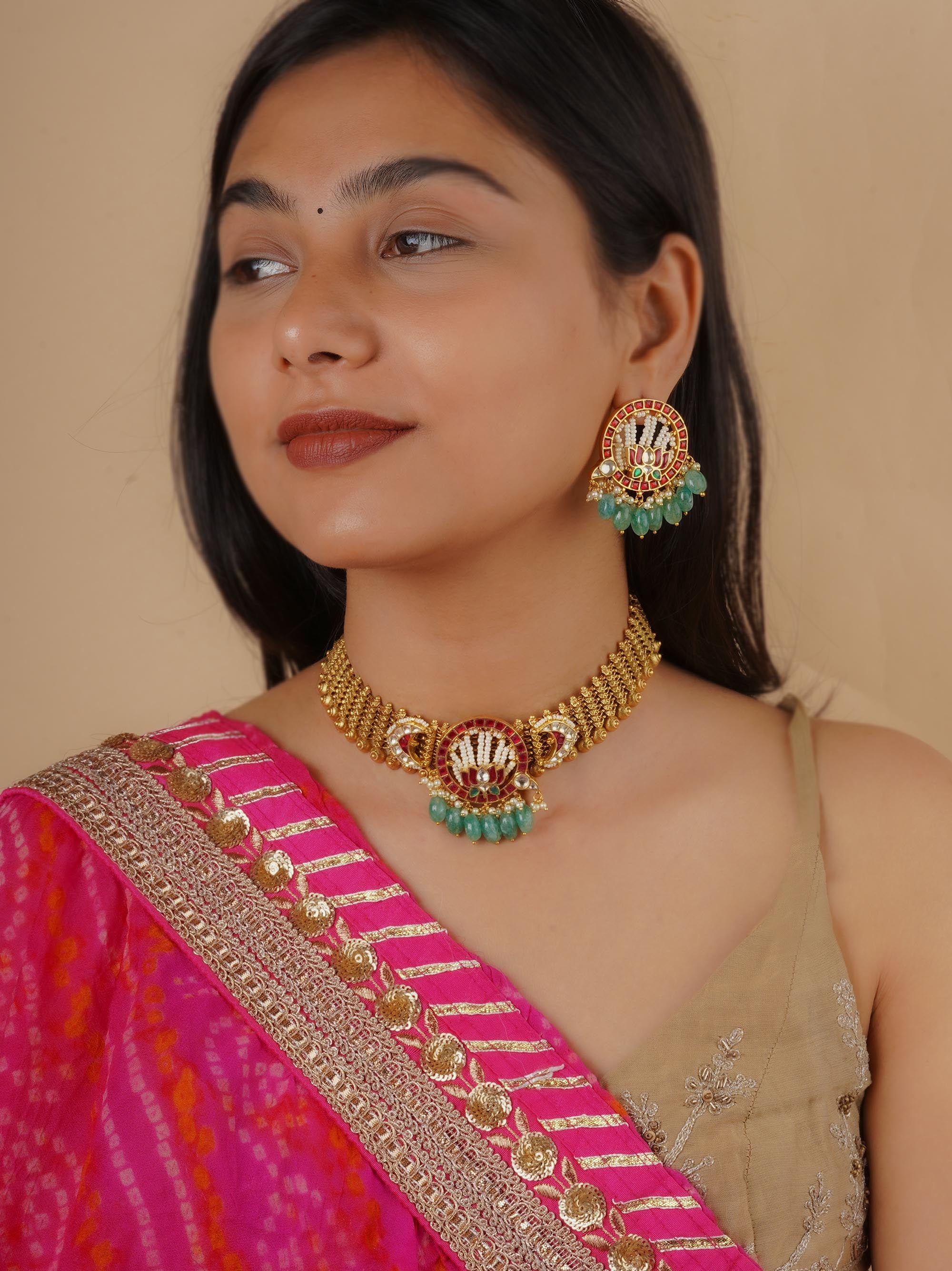 MS2127M - Multicolor Gold Plated Jadau Kundan Necklace Set