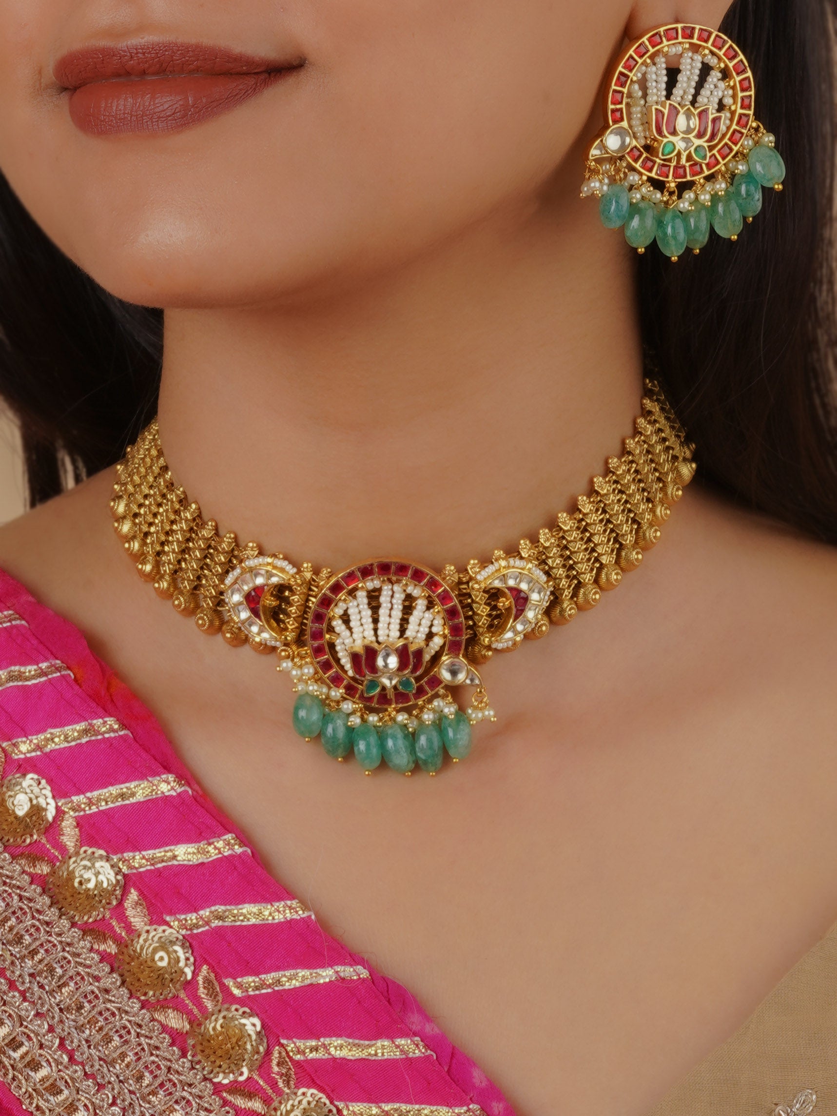 MS2127M - Multicolor Gold Plated Jadau Kundan Necklace Set