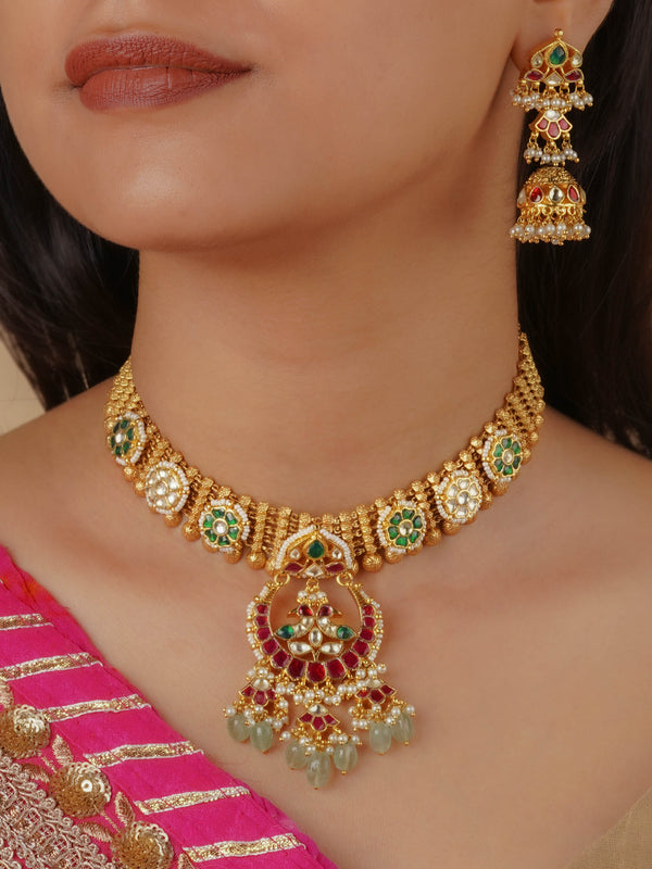 MS2129M - Multicolor Gold Plated Jadau Kundan Necklace Set
