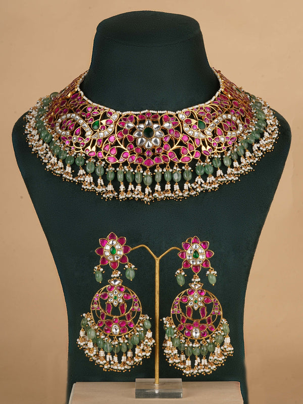 MS2130M - Multicolor Gold Plated Jadau Kundan Necklace Set