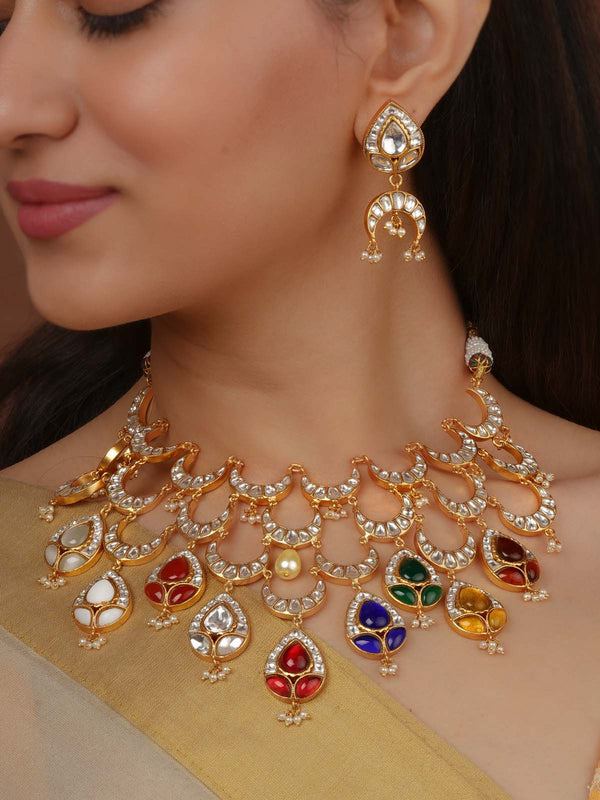 Navratna Gold Plated Jadau Kundan Necklace Set - MS2133N