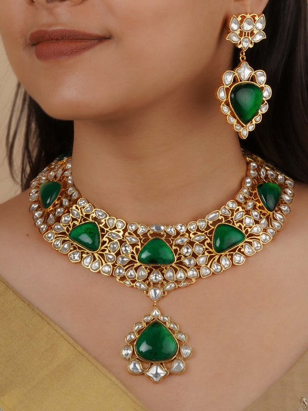 MS2134WGR - Green Color Gold Plated Jadau Kundan Necklace Set