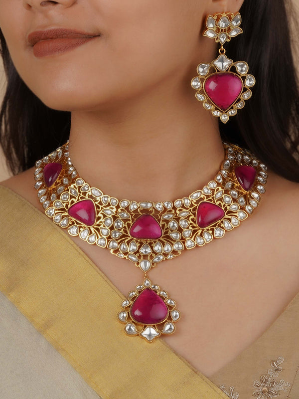 MS2134WP - Pink Color Gold Plated Jadau Kundan Necklace Set