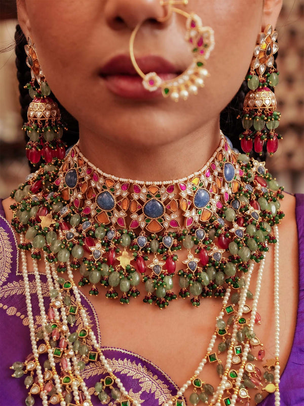 Multicolor Gold Plated Jadau Kundan Bridal Necklace Set - MS2137M