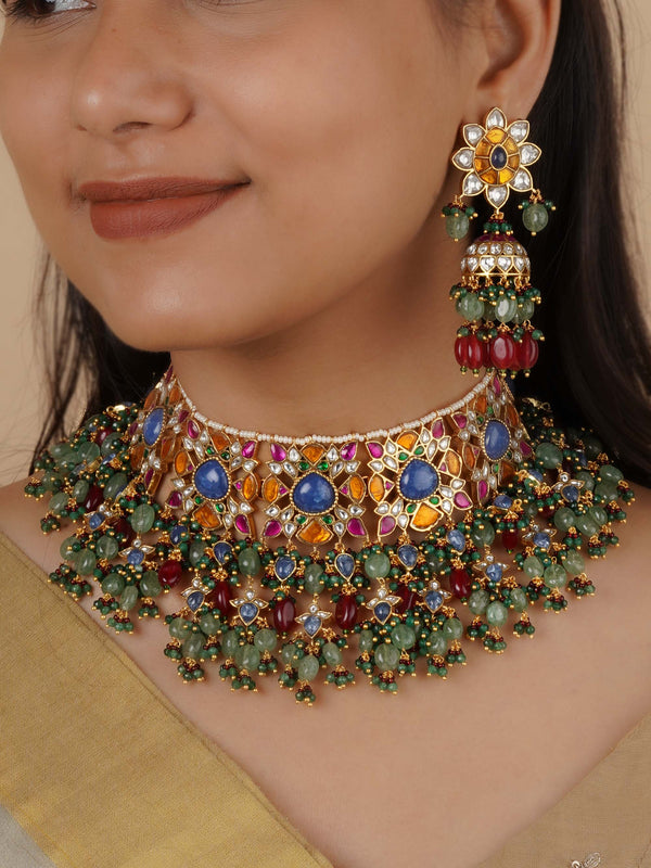 MS2137M - Multicolor Gold Plated Jadau Kundan Bridal Necklace Set