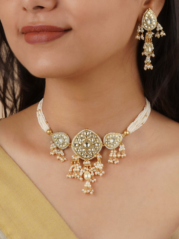 MS2146Y - White Color Gold Plated Jadau Kundan Necklace Set