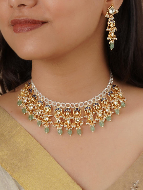 MS2148YBL - Blue Color Gold Plated Jadau Kundan Necklace Set