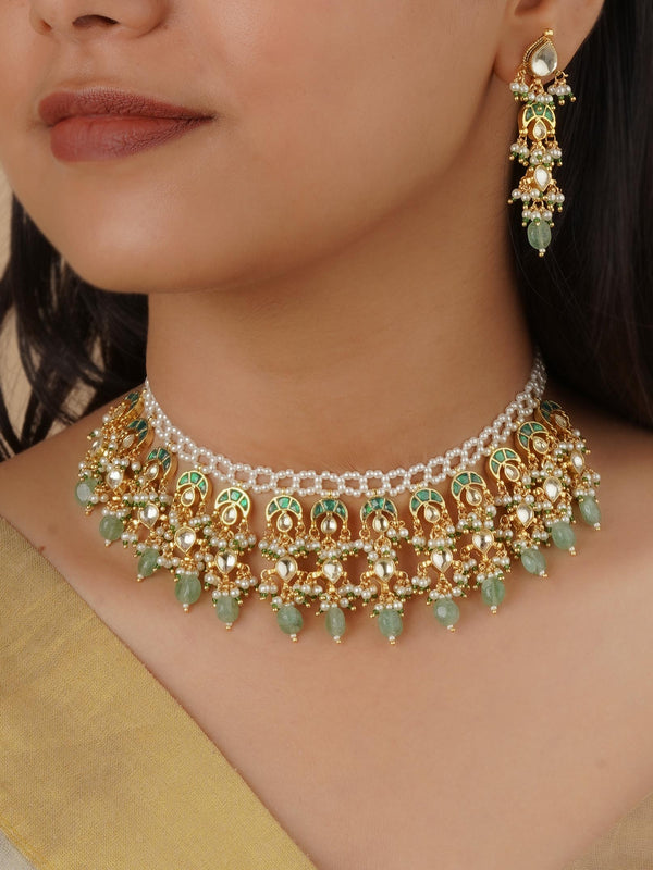 MS2148YGR - Green Color Gold Plated Jadau Kundan Necklace Set