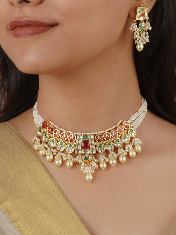 MS2149M - Multicolor Gold Plated Jadau Kundan Necklace Set