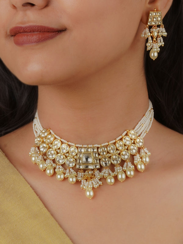 MS2149Y - White Color Gold Plated Jadau Kundan Necklace Set