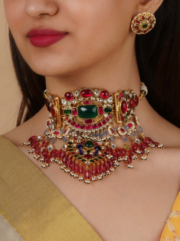 MS2150M - Multicolor Gold Plated Jadau Kundan Necklace Set