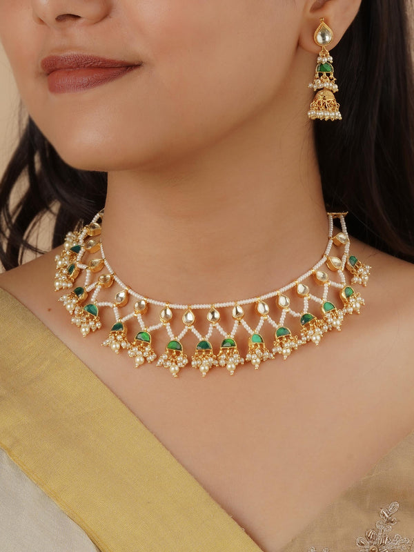 MS2153YGR - Green Color Gold Plated Jadau Kundan Necklace Set