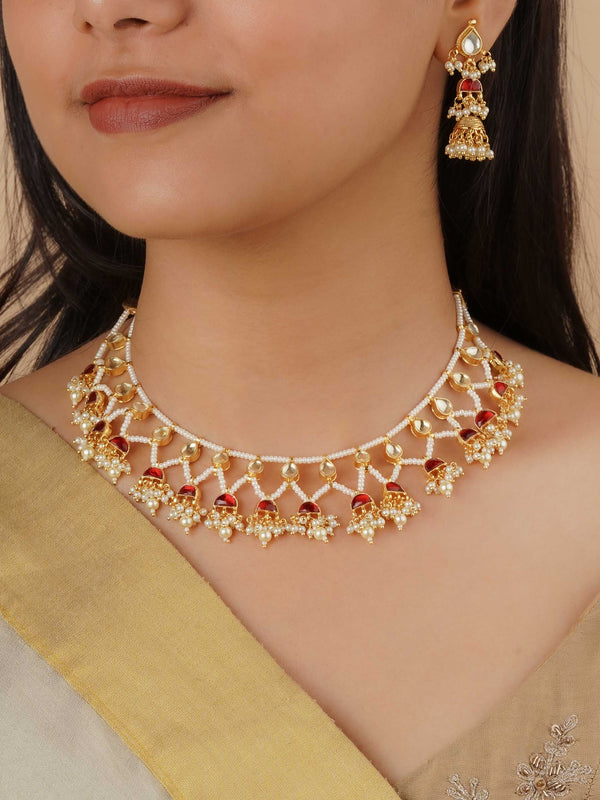 MS2153YR - Red Color Gold Plated Jadau Kundan Necklace Set