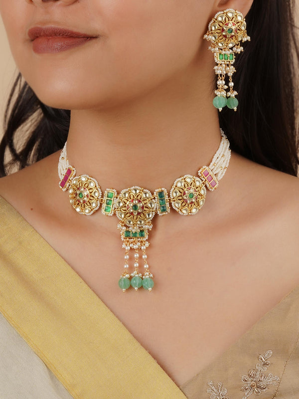 MS2156M - Multicolor Gold Plated Jadau Kundan Necklace Set