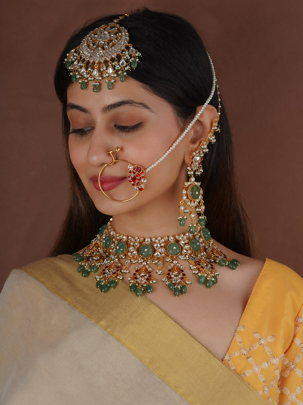 Green Color Gold Plated Jadau Kundan Bridal Necklace Set - MS2157GR