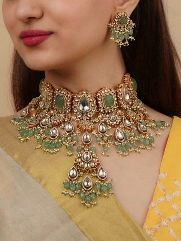 MS2161 - Green Color Gold Plated Jadau Kundan Necklace Set