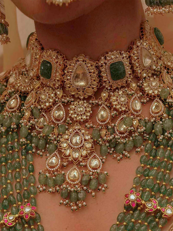 Green Color Gold Plated Jadau Kundan Bridal Necklace Set - MS2161