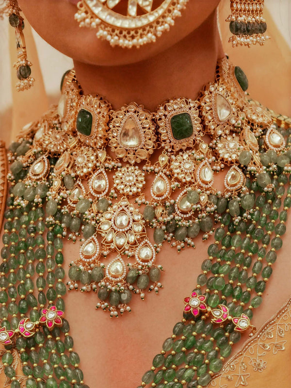 Green Color Gold Plated Jadau Kundan Bridal Necklace Set - MS2161