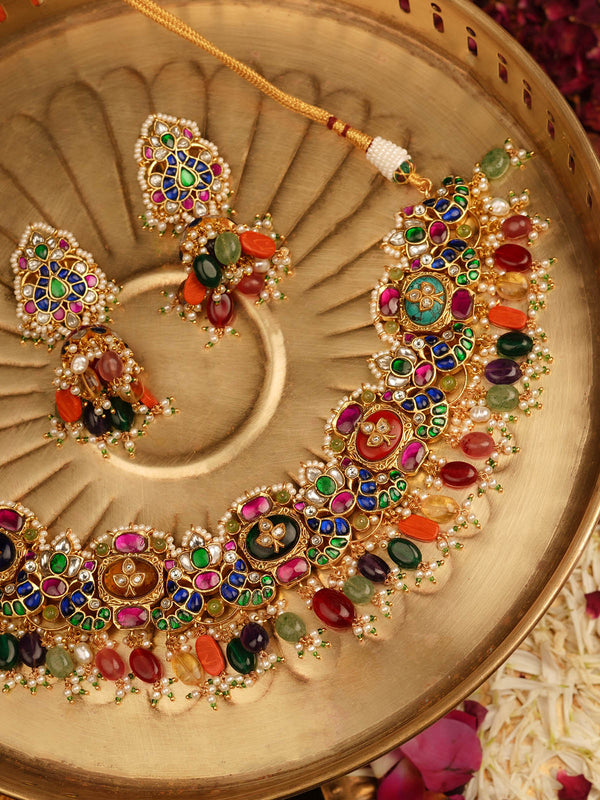 Multicolor Gold Plated Jadau Kundan Necklace Set - MS2165M