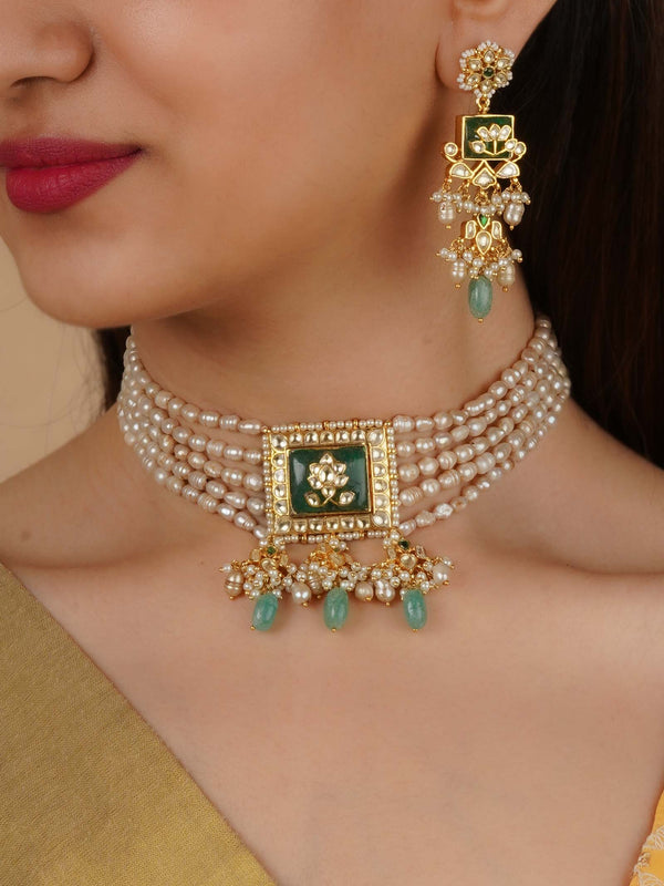 MS2177YGR - Green Color Gold Plated Jadau Kundan Necklace Set