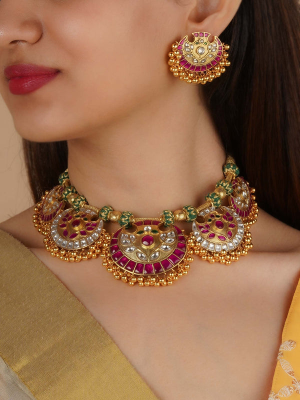 Multicolor Gold Plated Jadau Kundan Necklace Set - MS2185M