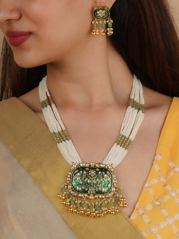 MS2189GR - Green Color Gold Plated Jadau Kundan Necklace Set