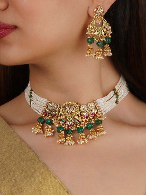 MS2191M - Multicolor Gold Plated Jadau Kundan Necklace Set