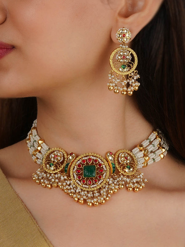 MS2192M - Multicolor Gold Plated Jadau Kundan Necklace Set