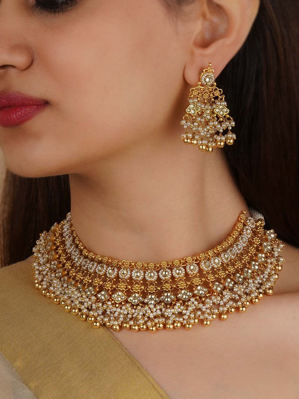 MS2195Y - White Color Gold Plated Jadau Kundan Necklace Set