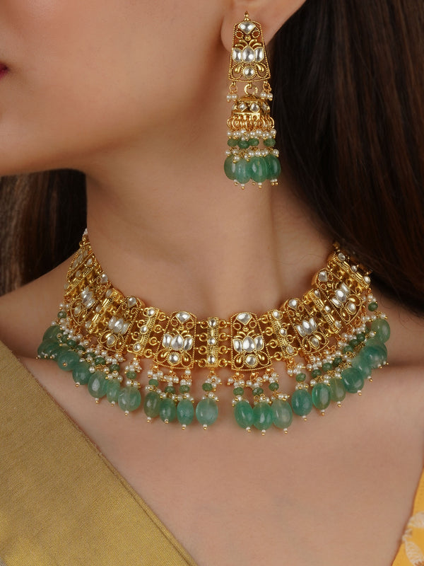 MS2200 - Green Color Gold Plated Jadau Kundan Necklace Set