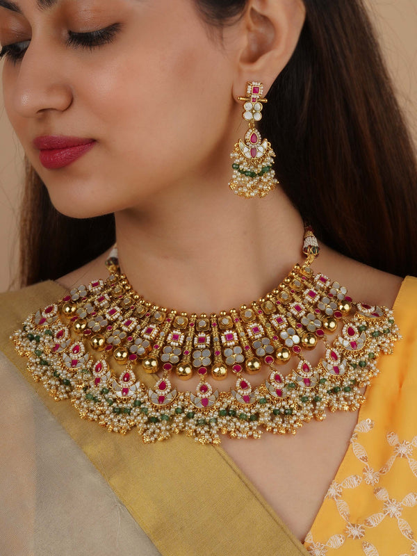 MS2211P - Pink Color Gold Plated Jadau Kundan Necklace Set