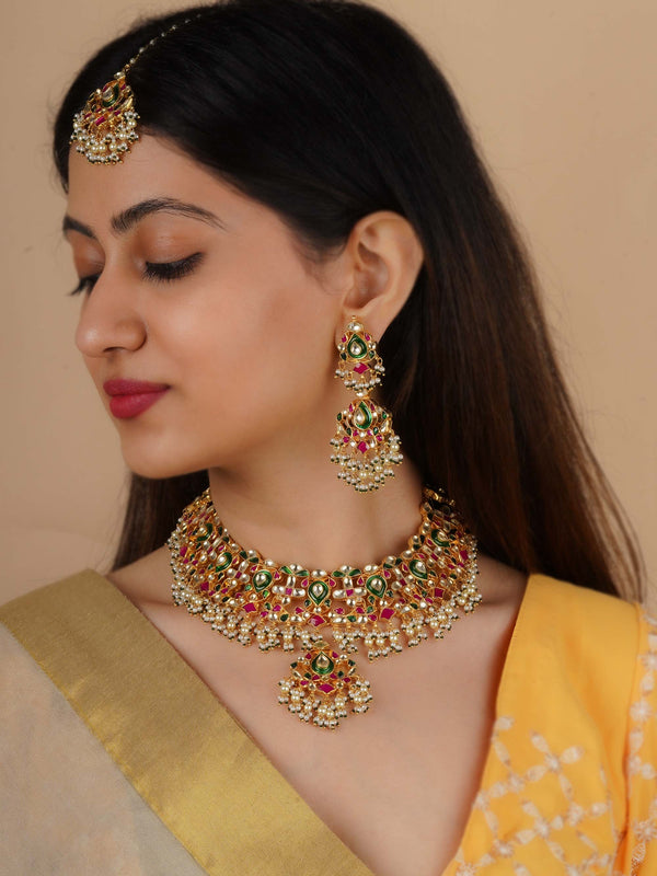 MS2213M - Multicolor Gold Plated Jadau Kundan Bridal Necklace Set