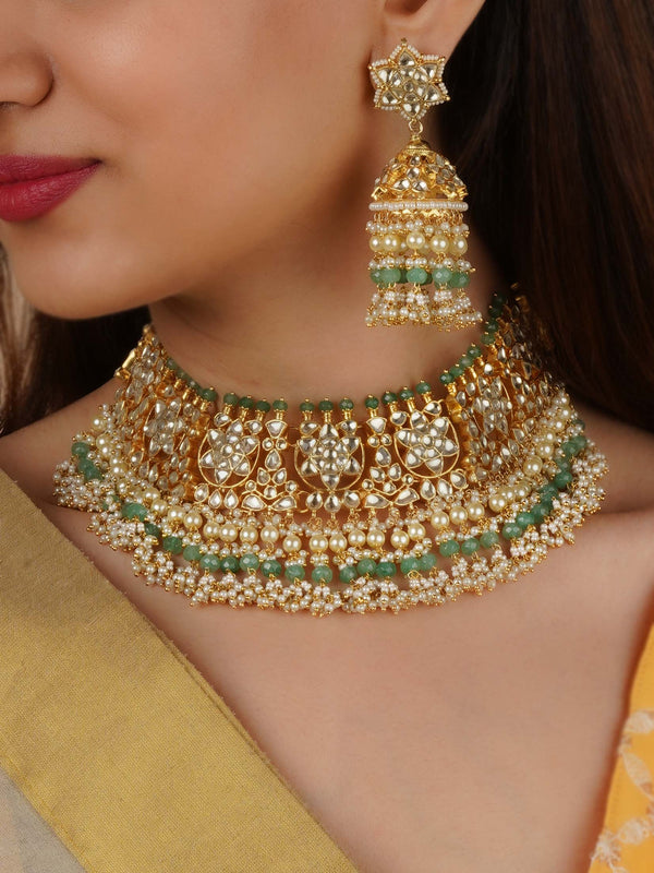 MS2218Y - Green Color Gold Plated Jadau Kundan Necklace Set