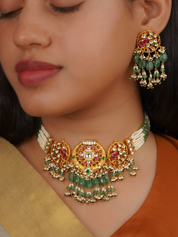 Multicolor Gold Plated Jadau Kundan Necklace Set - MS2222M