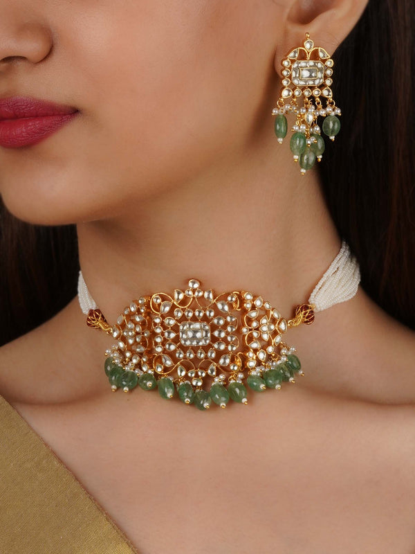MS2227Y - Green Color Gold Plated Jadau Kundan Necklace Set