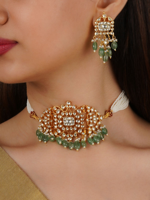 MS2227Y - Green Color Gold Plated Jadau Kundan Necklace Set
