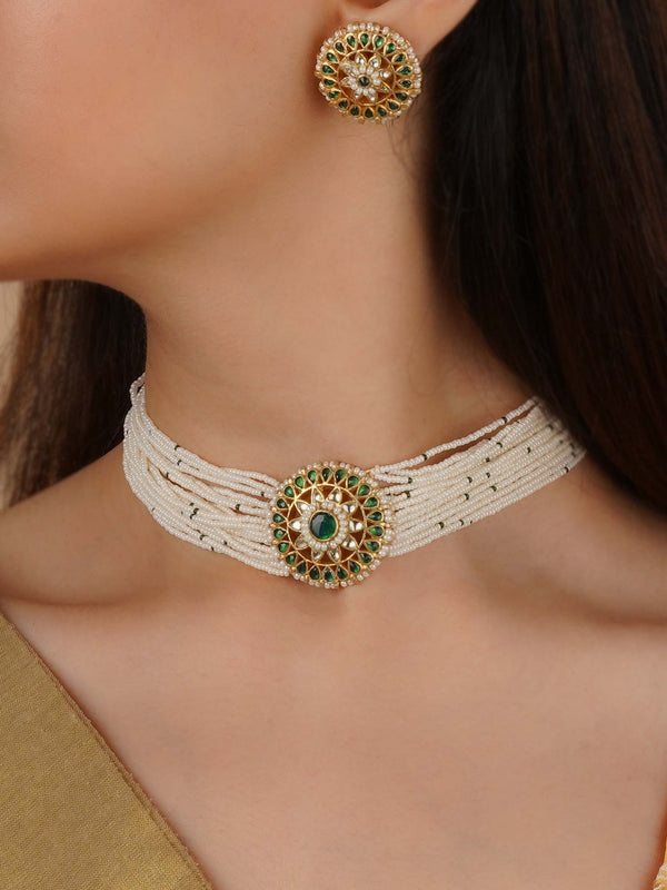 MS2229YGR - Green Color Gold Plated Jadau Kundan Necklace Set