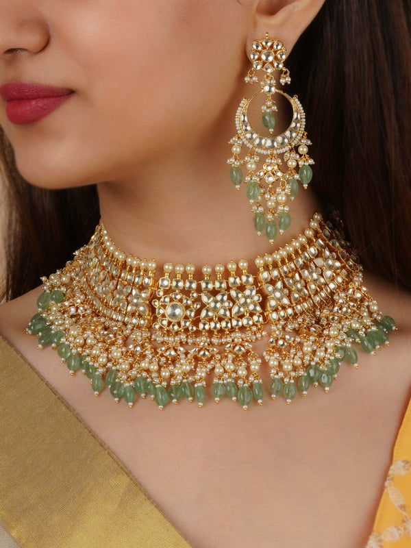 MS2233Y - Green Color Gold Plated Jadau Kundan Necklace Set